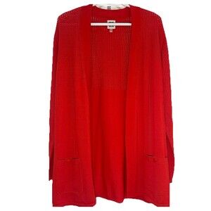 Anne Klein XL Red Open Front Cardigan Lightweight Knit Long Pockets